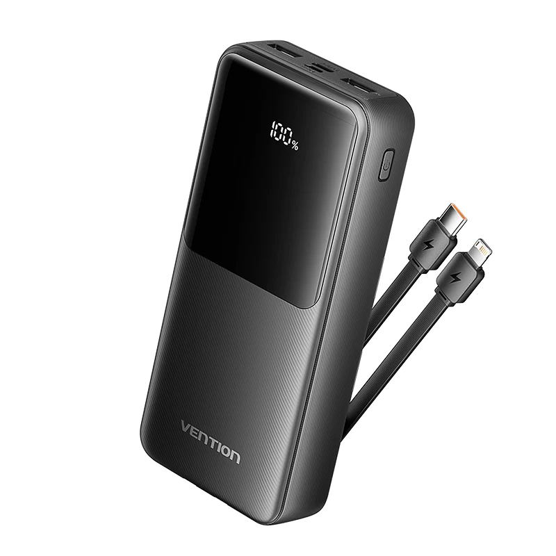20000mAh Power Bank (Micro-USB + USB-C + USB-A + USB-A) w/ Built-in USB-C & Lightning Cables 22.5W Black LED Display