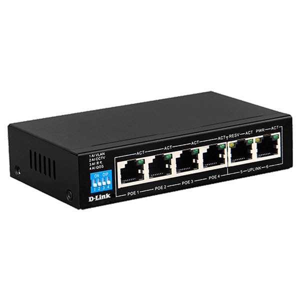 D-Link 250M 6-Port 1000Mbps Switch with 4 PoE Ports and 2 Uplink Ports DGS-F1006P-E
