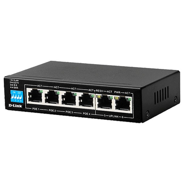 D-Link 250M 6-Port 1000Mbps Switch with 4 PoE Ports and 2 Uplink Ports DGS-F1006P-E