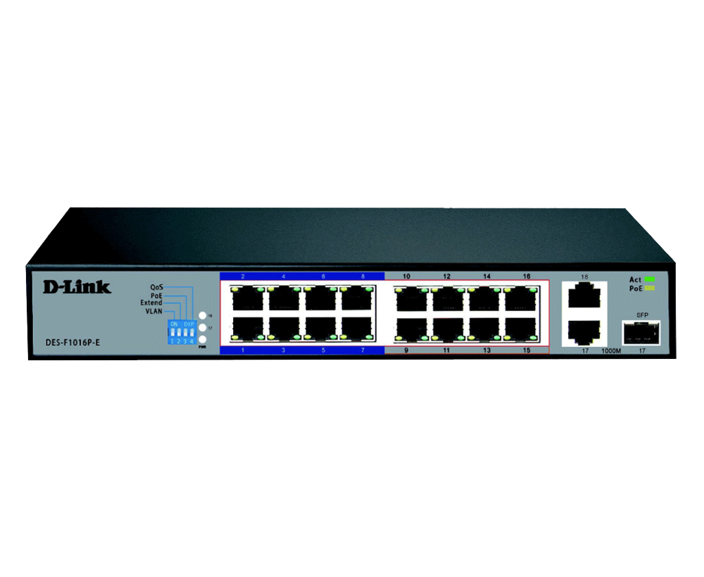 D-Link DES-F1016P-E 16-port Fast Ethernet Unmanaged Long Range 250m PoE+ Surveillance Switch with 16 PoE ports