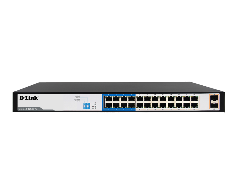 D-Link upto 250 Meter support 24-Port 1000Mbps PoE Switch with 2 SFP Ports - DGS-F1026P