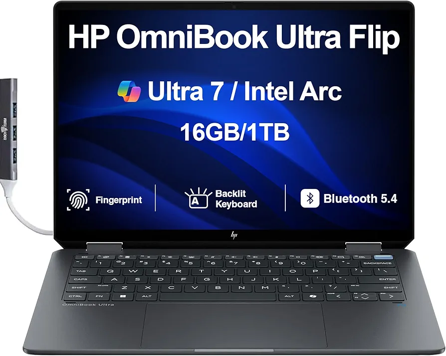 HP OmniBook Ultra Flip 14-fh0013dx, Intel Core Ultra 7 256V, 16GB LPDDR5x 8533 (onboard), 1TB PCIe Gen4 NVMe Performance M.2 SSD, Intel Arc Graphics, Windows 11 Home, 14" 3K OLED 120Hz Touch Screen - A9SR3UA