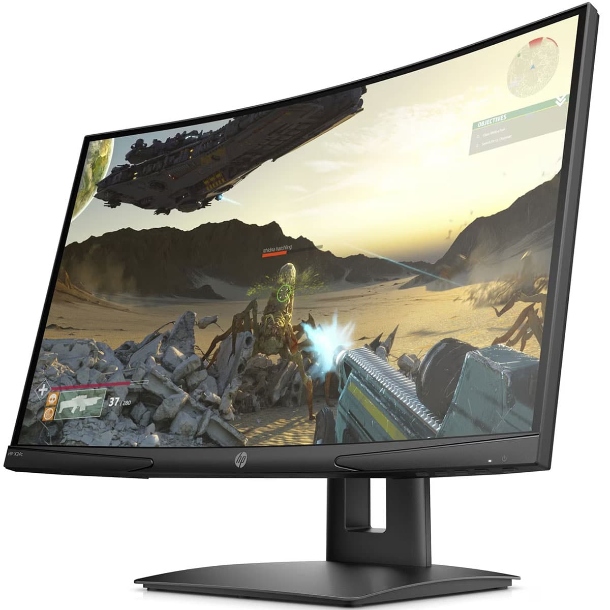 HP X24c 23.6 inches FHD Curved Gaming Monitor, 1920x1080, 16:9, 144Hz, Curvature: 1500R, Height/Tilt Adjustable, Black Color,  Connectivity: 1 HDMI 2.0, 1 DisplayPort 1.2, 1 3.5mm Audio Out - 9FM22AS