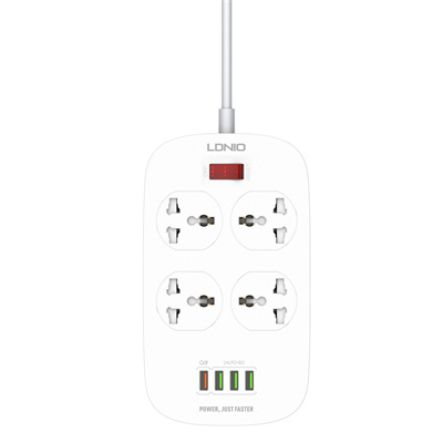LDNIO Smart 2500W Power Extension with 4 Power Sockets and 18W 4 USB Ports -Defender Series Power Strip with QC USB Port Fast Charging - 2M Power Cord (SC4407)