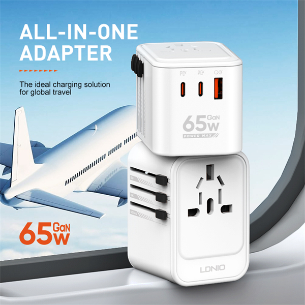 LDNIO Worldplug All in One Travel Charger, 3 USB Ports, 65W GaN Travel Multi Plug Adapter with Type C Charging(Z6)