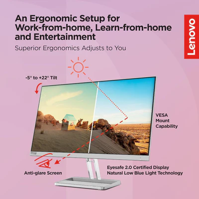Lenovo L27i-40 27 inches FHD Monitor, Cloud Grey Color,  Connectivity : 1 VGA, 2 HDMI 1.4 -  67ABKAC4AE