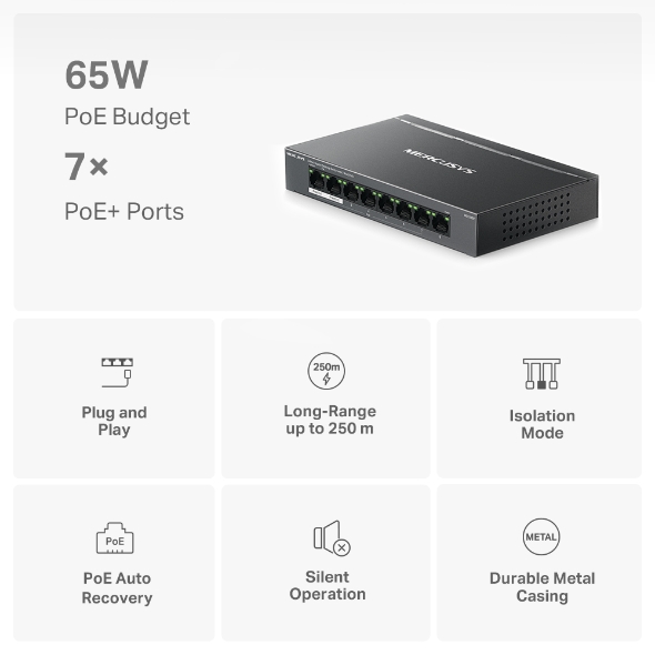 Mercusys MS108GP | 8-Port Gigabit Desktop Switch with 7-Port PoE+