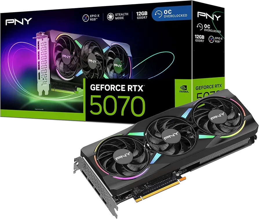 PNY GeForce RTX 5070 ARGB EPIC-X RGB OC Triple Fan 12GB GDDR7 Graphics Card, Display Outputs: 3 x DisplayPort 2.1b, 1 x HDMI 2.1b, Recommended Power Supply: 650W, Power Input: 16-Pin - VCG507012TFXXPB1-O