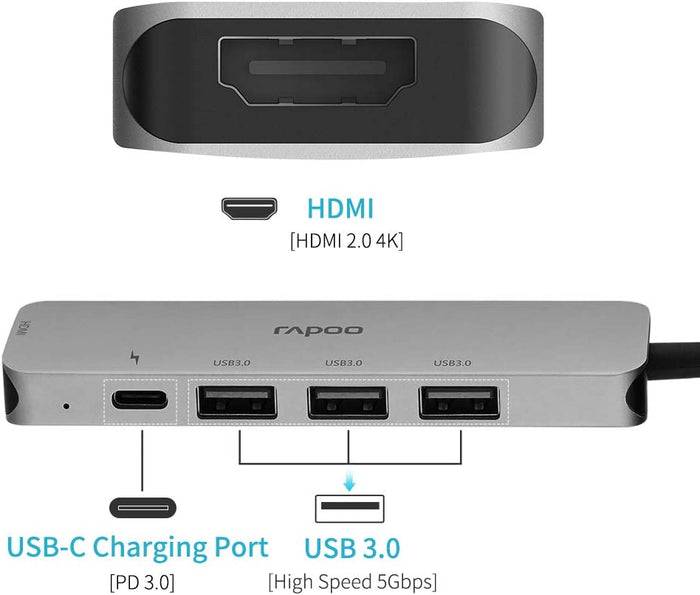 Rapoo Type C - 5 in 1 with 4K HDMI, 3 USB 3.0 Ports, Type C Charging - XD100C