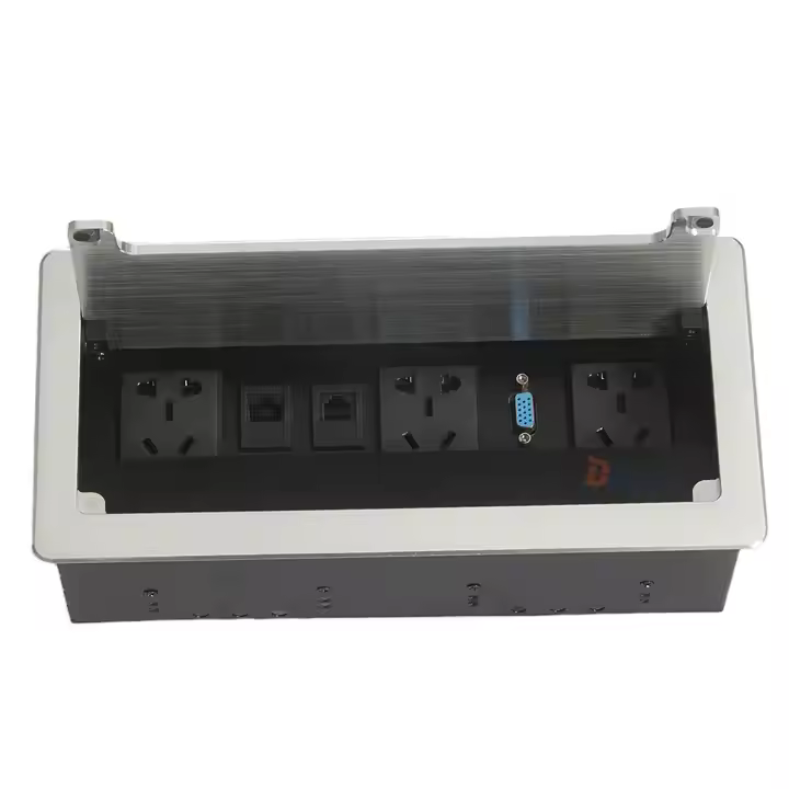 Silver flip-up socket with 2 universal sockets, 1 Internet port (CAT6), 1 VGA, 1 HDMI, 1 USB, 1 Audio 3.5mm, without cables, made of Aluminum Alloy + Iron. - Nexa Multifunction Flip-up Socket (Silver)