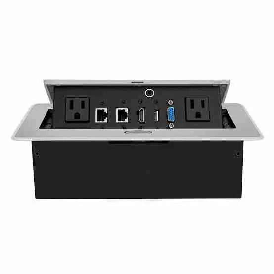 Silver pop-up multifunction socket with 2 universal sockets 1 VGA 1 HDMI 1 USB 1 Audio 3.5mm 1 Type-C 2.0 Data transmission 2 Internet ports CAT6 all with 30cm cables made of Zinc Alloy Iron. - Nexa Silver Pop-up Multifunction Socket with Ca