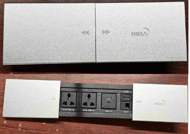 Silver slide cover socket with 2 universal sockets, 1 USB, 1 Type-C (Charging), 1 HDMI, 1 Internet port (CAT6), without cables, made of Aluminum Alloy + Iron. - Nexa Multifunction Slide Cover Socket (Silver)