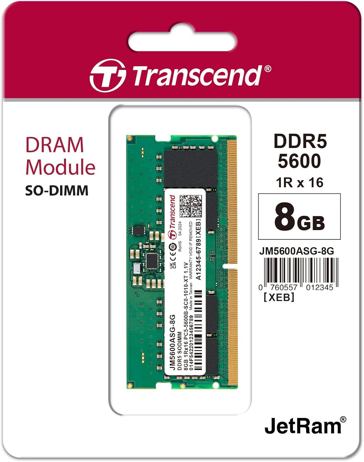 Transcend Laptop RAM DDR5 8GB 5600 - JM5600ASG-8G