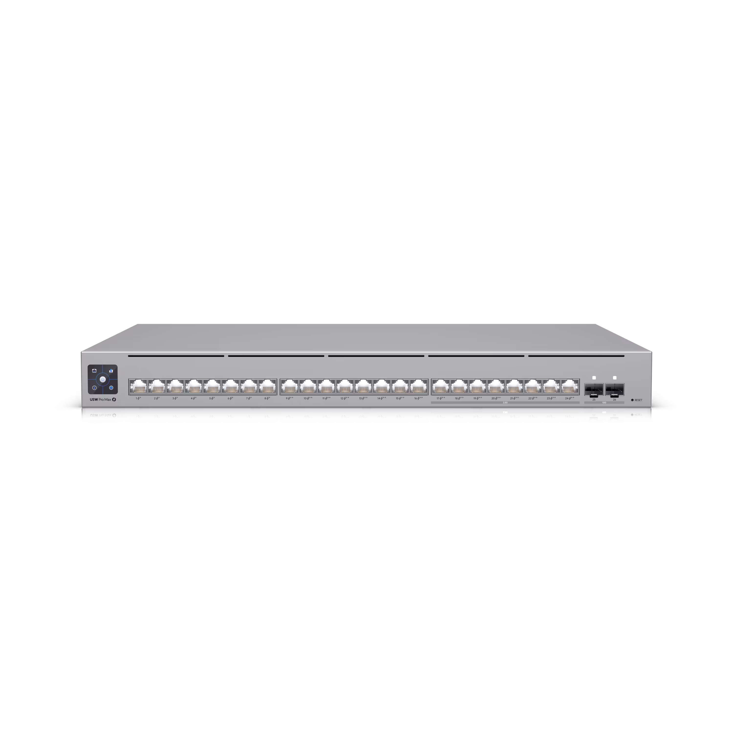 Ubiquiti USW-Pro-Max-24-PoE (400W) A 24-port, Layer 3 Etherlighting™ switch capable of high-power PoE++ output. (8) 2.5 GbE PoE++ ports, (16) GbE ports including (8) PoE+ and (8) PoE++, (2) 10G SFP+ ports, 400W total PoE availability - USW-Pro-Max-24-PoE 
