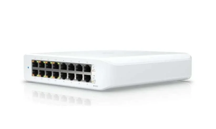 "UniFi Switch Lite 16 PoE (USW-Lite-8-POE) An 8-port, Layer 2 PoE switch supporting silent fanless cooling. (4) GbE P...